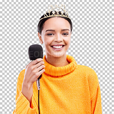 Woman, crown and microphone in studio portrait with smile for singing, recording or performance by blue background. Happy singer, girl and model with mic for speech, announcement or talk with tiara