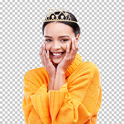 Happy, crown and portrait of woman in studio for celebration, princess and party. Smile, beauty and fashion with female and tiara on blue background excited for achievement, winner and prom event