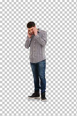 Buy stock photo Man, headache and stress with anxiety or mental health on 
transparent png background. Male, migraine and tinnitus with burnout or temple with fatigue, frustration and vertigo in pain or confusion