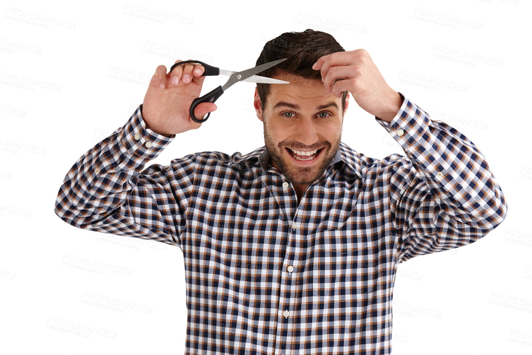 Buy stock photo Portrait, grooming and man cutting his hair, cosmetics and self care isolated on a transparent background. Face, person or model with scissors, new style and excited with joy, guy and png with change