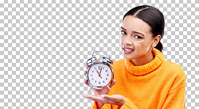 Buy stock photo Frustrated, clock and portrait of woman with alarm on isolated, png and transparent background. Time management, angry and annoyed person with watch for schedule, appointment and late for deadline