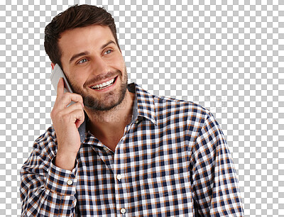 Buy stock photo Business man, phone call and thinking of communication, career opportunity and happy ideas or goals. Young marketing employee on mobile chat and startup vision isolated on transparent png background