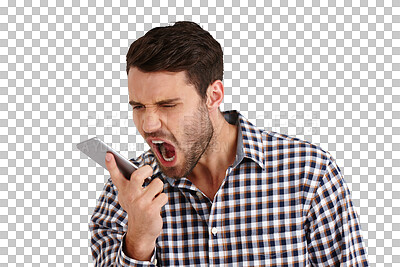 Screaming, angry and man with a smartphone, frustrated and mobile user isolated on a transparent background. Person, guy and model with a cellphone, shouting and fail with mistake, png and stress