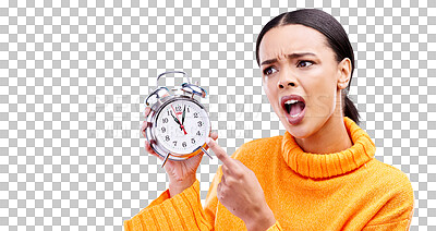 Frustrated, time and woman with an alarm clock, late and angry against a blue studio background. Female, shouting and person pointing to watch, screaming and schedule with appointment or disagreement