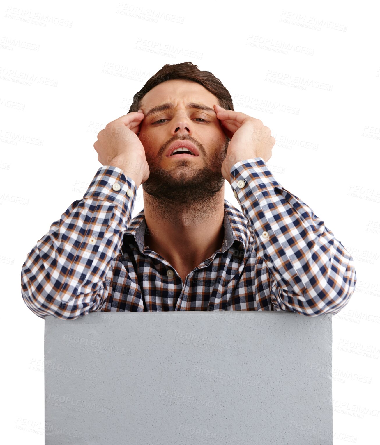 Buy stock photo Isolated man, stress and blank poster for mockup space, fail or worry by transparent png background. Student, person and anxiety with headache, mistake or mental health on billboard, portrait or sign