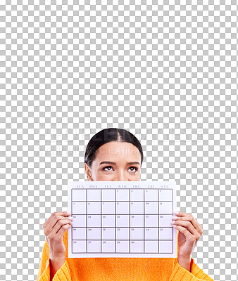 Calendar, thinking and woman on blue background with paper for schedule, planning and agenda in studio. Time management, strategy and eyes of girl with month poster for date, weekly planner and event