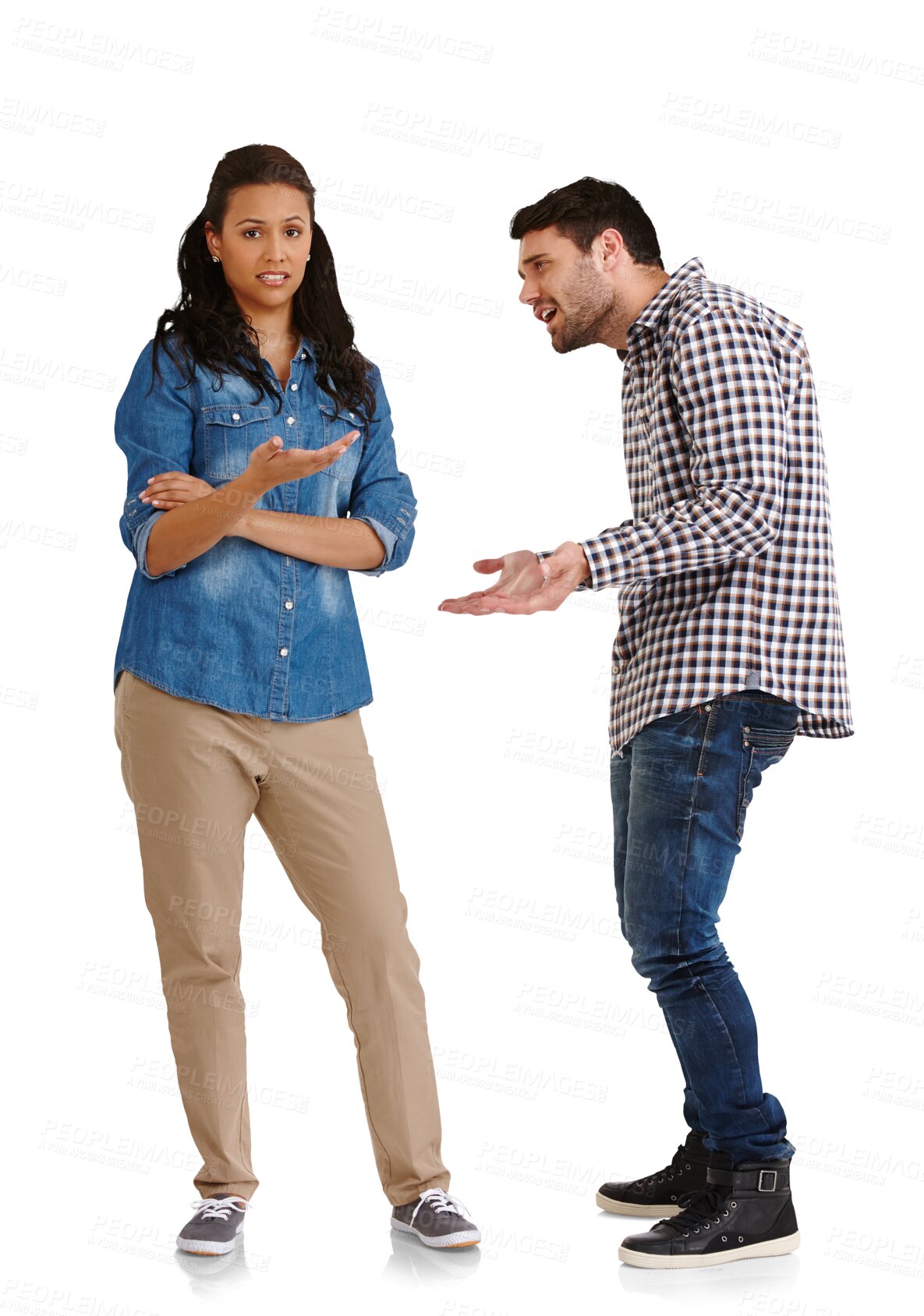 Buy stock photo Divorce, fight or problem with portrait of couple, man and woman in upset, stress or conflict. Husband, talk and hands on isolated or a transparent png background with wife, arms crossed and unsure 