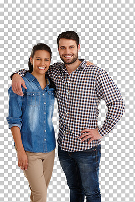 Buy stock photo Love, happy and portrait of young couple hugging for connection, care and bonding together. Smile, romantic and man and woman embracing for relationship fun isolated by transparent png background.