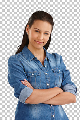 Buy stock photo Smile, portrait and a woman with arms crossed for pride isolated on a transparent png background. Elegant fashion, denim and a model or girl with style, confidence and stylish with empowerment