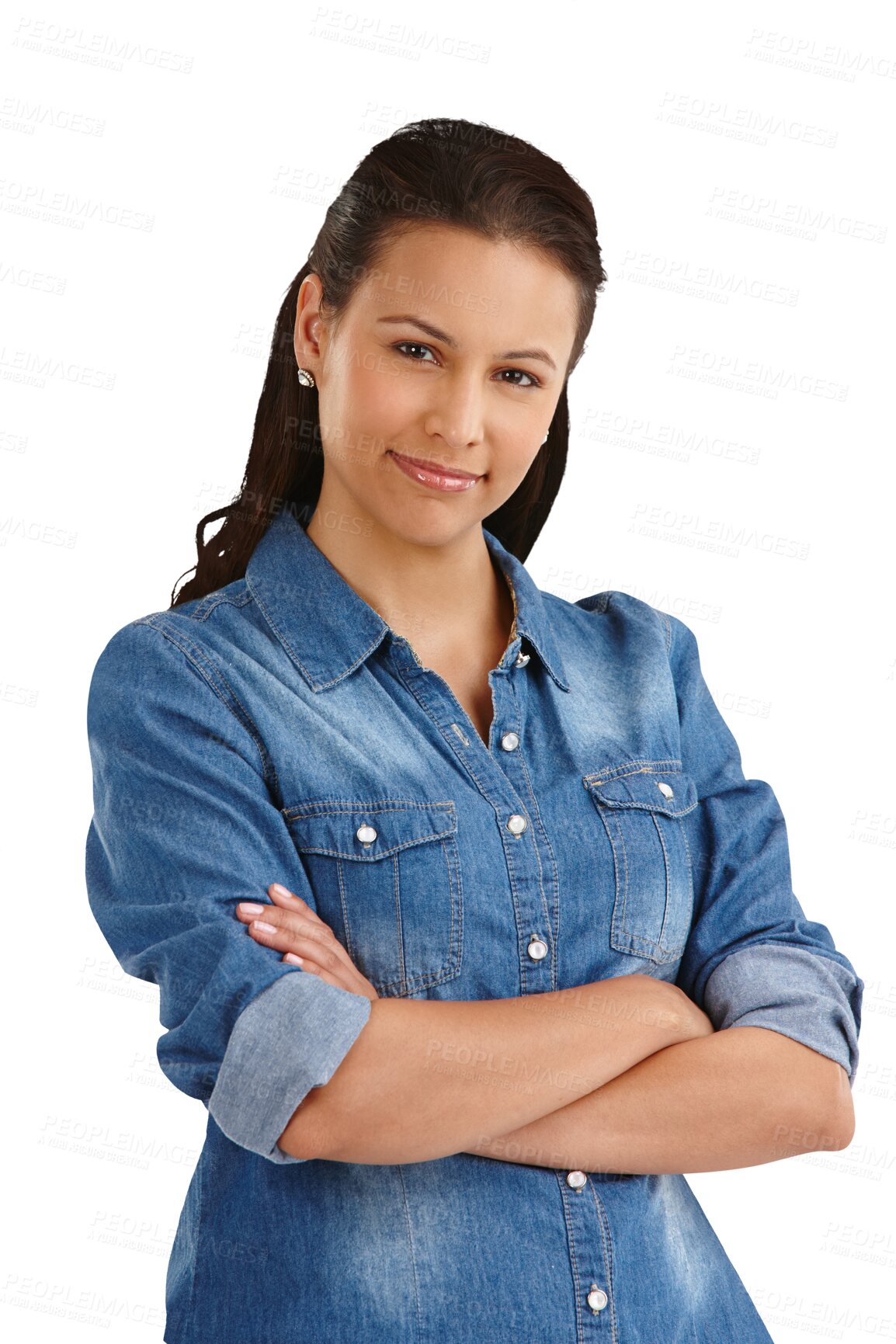 Buy stock photo Smile, portrait and a woman with arms crossed for pride isolated on a transparent png background. Elegant fashion, denim and a model or girl with style, confidence and stylish with empowerment