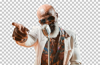 Buy stock photo Senior man, microphone and singing with vintage, fashion and artist isolated on a transparent background. African person, creative and musician with a voice, retro outfit and png with jazz and style