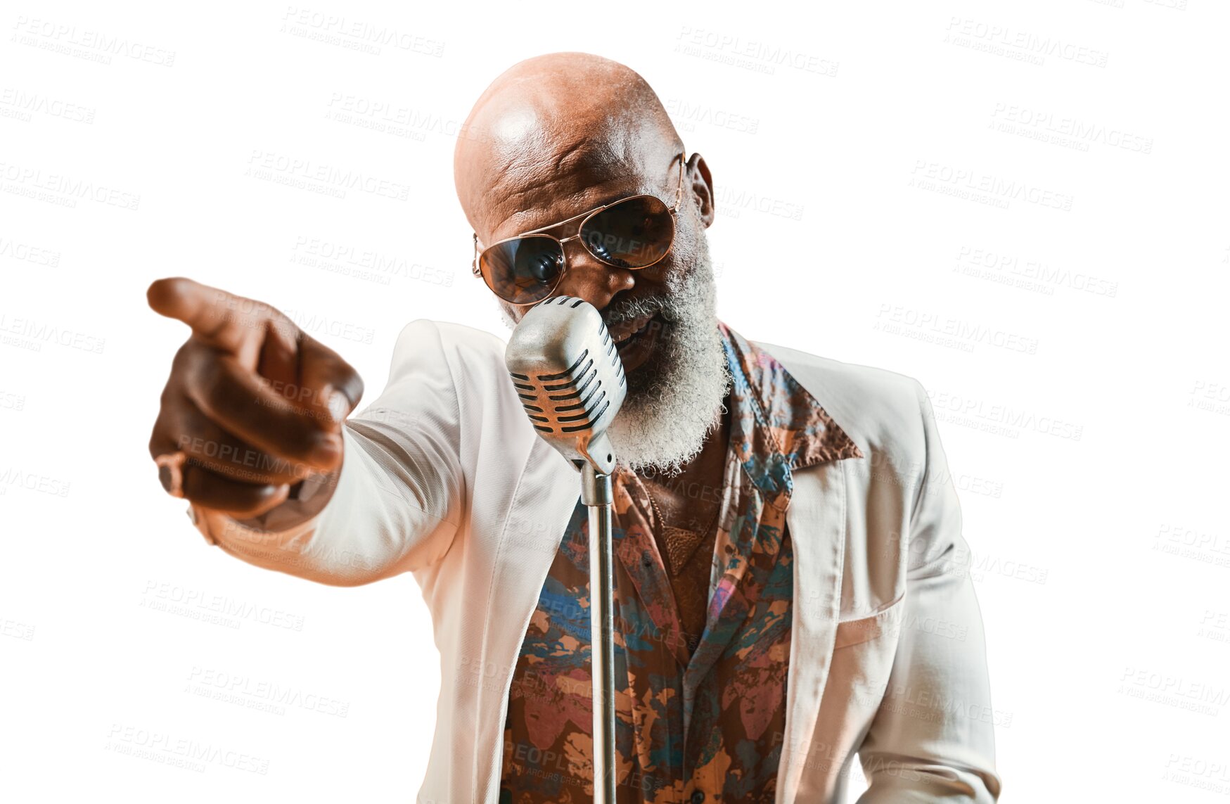 Buy stock photo Senior man, microphone and singing with vintage, fashion and artist isolated on a transparent background. African person, creative and musician with a voice, retro outfit and png with jazz and style