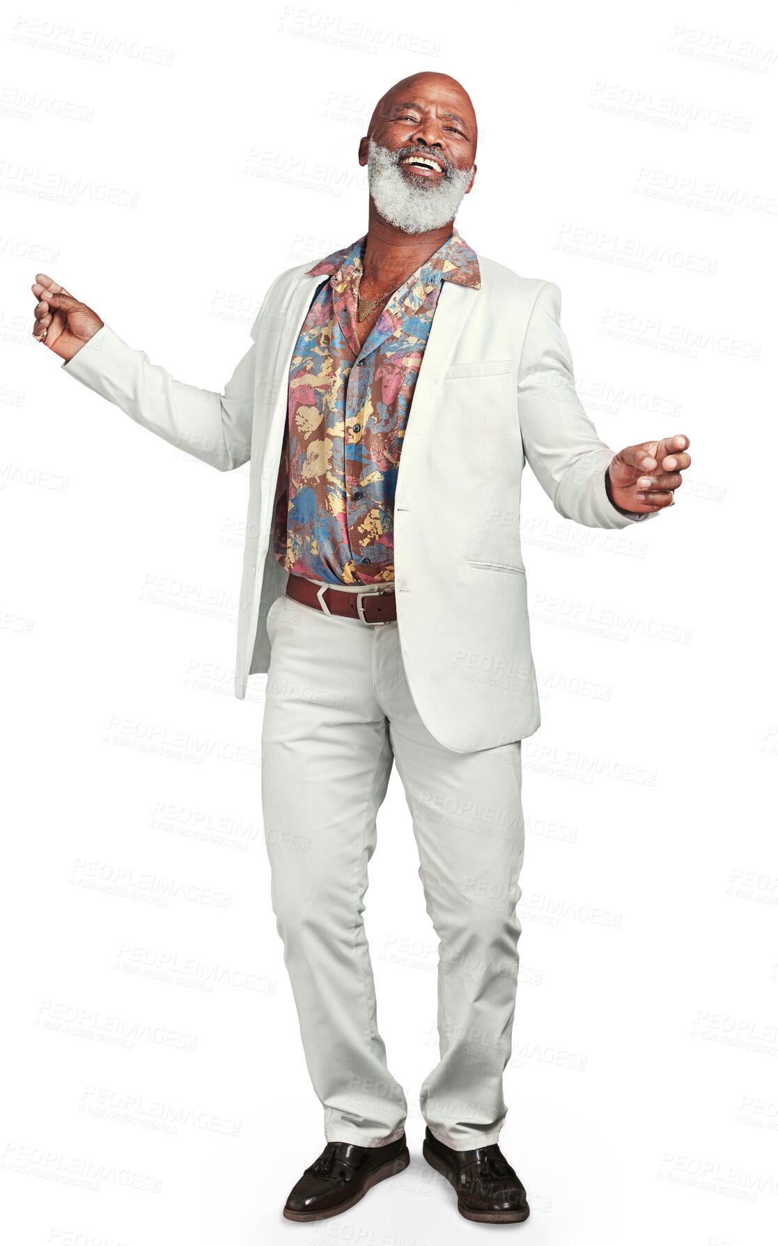 Buy stock photo Vintage, dancing and senior man with fashion, happy and cheerful guy isolated on a transparent background. African person, old model and pensioner with energy, retro clothes and celebration with png