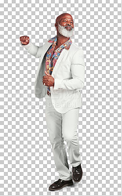 Buy stock photo Retro, dancing and old man with a smile, fashion and happy pensioner isolated on a transparent background. African person, model and senior guy with energy, retro clothes and stylish outfit with png