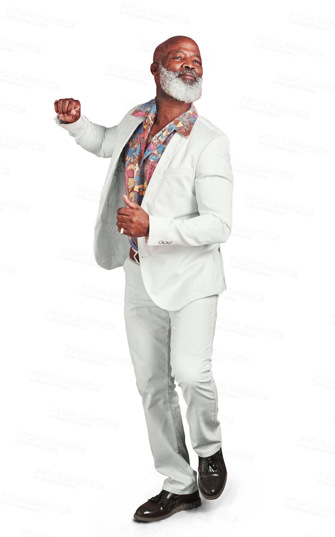Buy stock photo Retro, dancing and old man with a smile, fashion and happy pensioner isolated on a transparent background. African person, model and senior guy with energy, retro clothes and stylish outfit with png