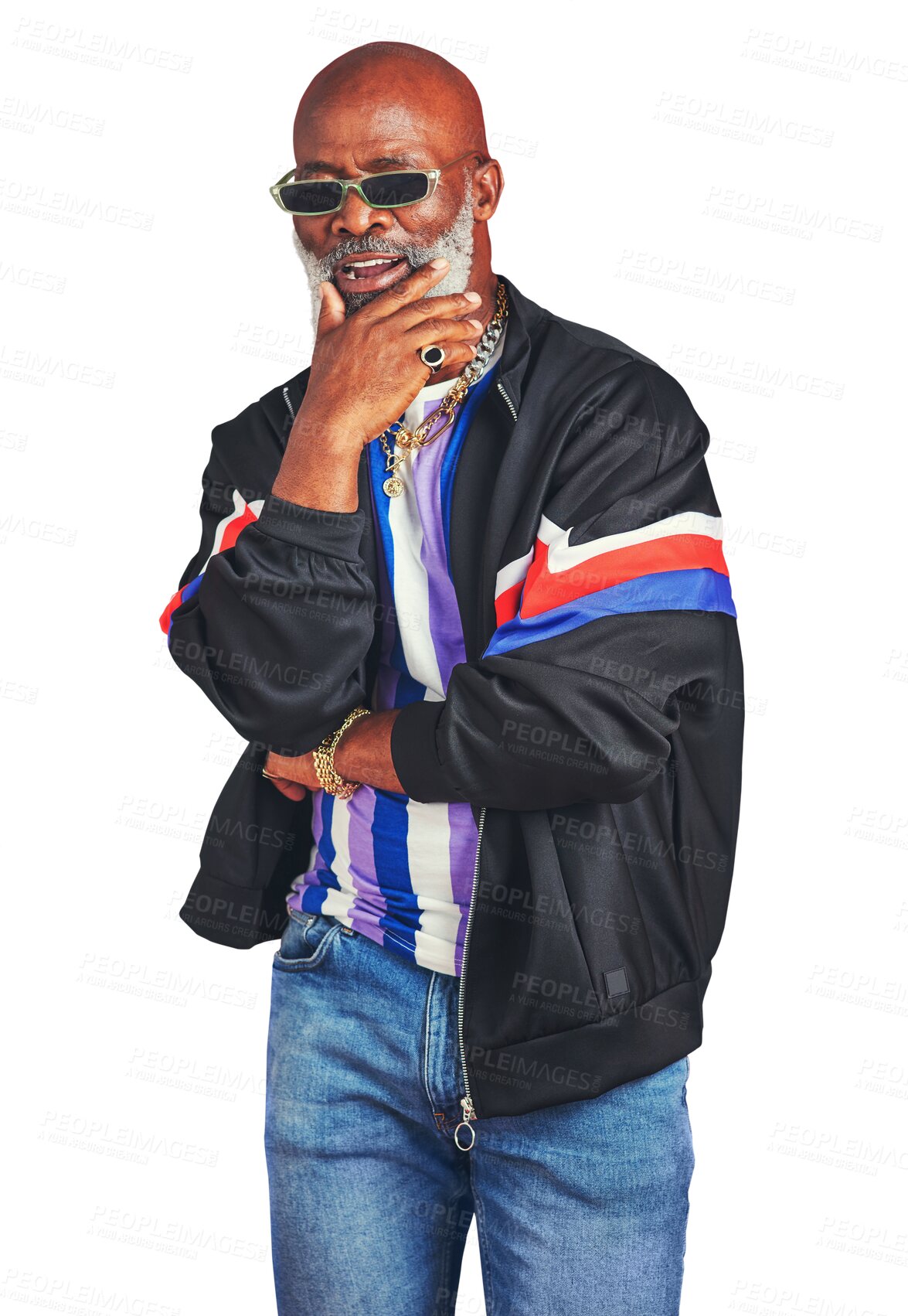 Buy stock photo Portrait, fashion and hip hop with a senior black man isolated on a transparent background for style. Retro, sunglasses and an elderly gangster or retired hipster on PNG in an urban clothes outfit 