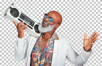 Buy stock photo Vintage, boombox and senior man with fashion, happy and stylish outfit isolated on a transparent background. African person, pensioner or model with speaker, music and retro clothes with png or smile