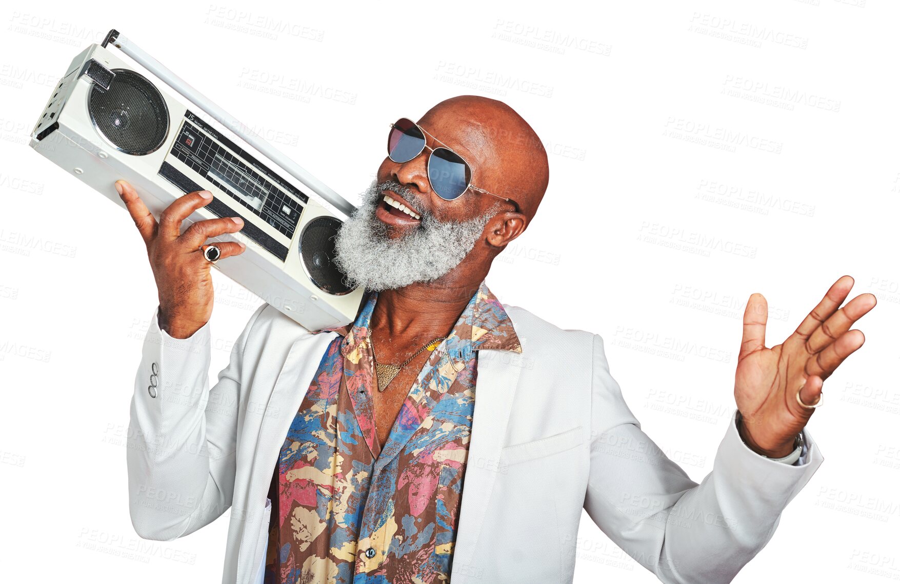 Buy stock photo Vintage, boombox and senior man with fashion, happy and stylish outfit isolated on a transparent background. African person, pensioner or model with speaker, music and retro clothes with png or smile