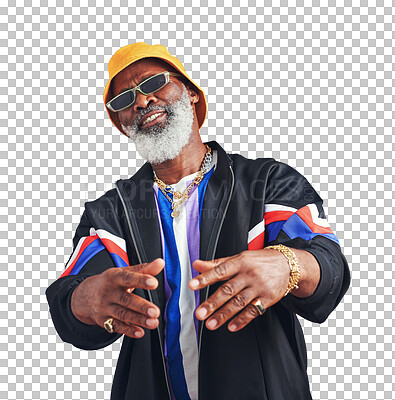 Buy stock photo Portrait, smile and senior man with fashion, artist and rapper isolated on a transparent background. Face, African person and mature person with funky glasses, vintage outfit and creativity with png