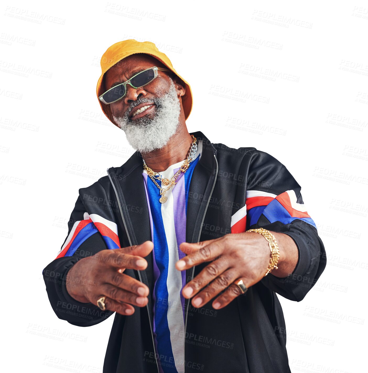 Buy stock photo Portrait, smile and senior man with fashion, artist and rapper isolated on a transparent background. Face, African person and mature person with funky glasses, vintage outfit and creativity with png