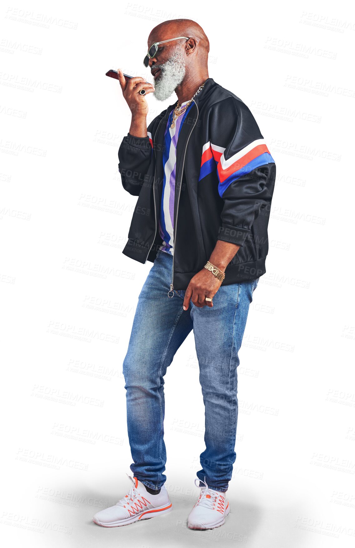 Buy stock photo Senior man, phone call and speaker with communication, sunglasses and contact isolated on a transparent background. Mature person, old guy and model with a cellphone, png and connection with outfit