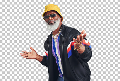 Buy stock photo Portrait, sunglasses and urban with a senior black man isolated on a transparent background for hip hop style. Retro, fashion and attitude with an elderly person on PNG to gesture a question