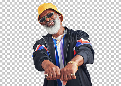 Buy stock photo Portrait, retro and urban with a senior black man isolated on a transparent background for hip hop style. Fashion, sunglasses and attitude with an elderly person on PNG to gesture a fist emoji