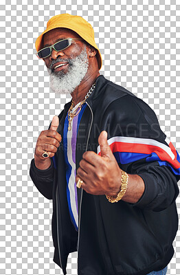 Buy stock photo Portrait, fashion and thumbs up with a senior black man isolated on a transparent background for hip hop style. Support, motivation and sunglasses with an elderly person on PNG to gesture thank you