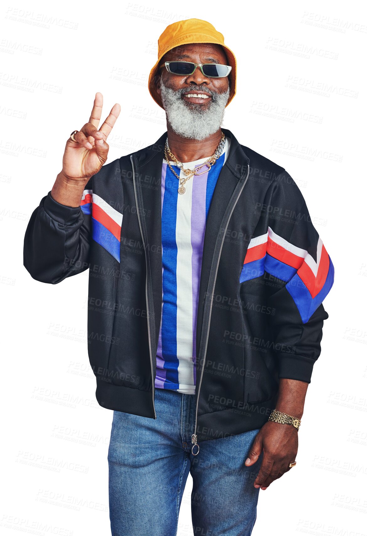 Buy stock photo Portrait, fashion and peace sign with a senior black man isolated on a transparent background for hip hop style. Smile, retro and sunglasses with a happy elderly person on PNG to gesture a v symbol