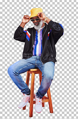 Buy stock photo Senior man, retro fashion and casual outfit with retirement, style and cool grandpa isolated on png transparent background. Sunglasses, African model in streetwear and sit on chair with confidence