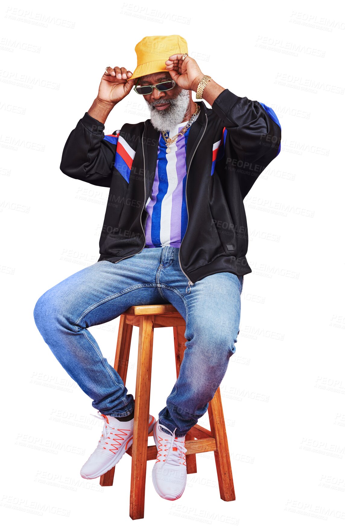 Buy stock photo Senior man, retro fashion and casual outfit with retirement, style and cool grandpa isolated on png transparent background. Sunglasses, African model in streetwear and sit on chair with confidence