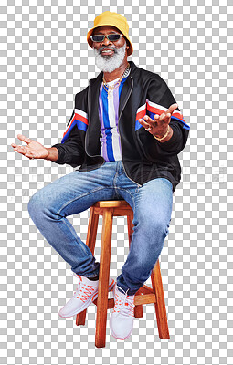 Buy stock photo Senior man, retro fashion and outfit with retirement, casual style and cool grandpa isolated on png transparent background. Sunglasses, African model in streetwear and sit on chair with confidence