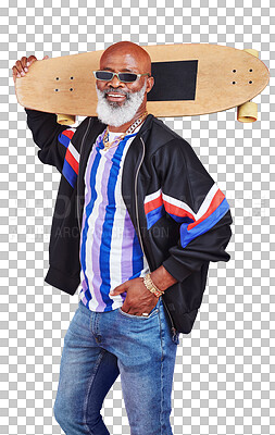 Buy stock photo Skateboard, fashion and senior man with retro, cool and stylish casual outfit for skating. Smile, aesthetic and elderly African male skater with trendy style isolated by transparent png background.