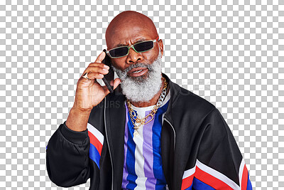 Buy stock photo Senior black man, retro fashion or phone call in cool outfit talking isolated on png transparent background. Sunglasses, chain or mature African person in vintage streetwear in mobile communication