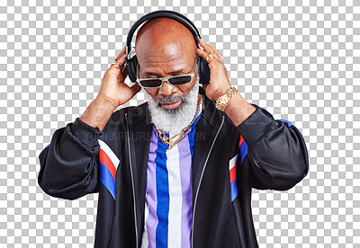 Buy stock photo Senior black man, retro fashion or headphones streaming music in a cool style isolated on png. Transparent background, sunglasses or mature African person in vintage streetwear listening to radio