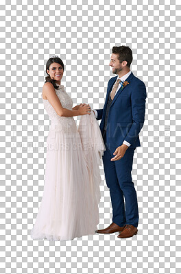 Buy stock photo Marriage, wedding and couple with love, smile and romance isolated on a transparent background. Happy, man and woman with relationship, commitment and bride with groom, happiness and png with joy