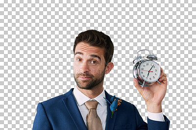 Buy stock photo Portrait, groom and clock with happiness, excited and celebration isolated on a transparent background. Face, person and man in a suit, ready for wedding and ceremony with schedule, png and time