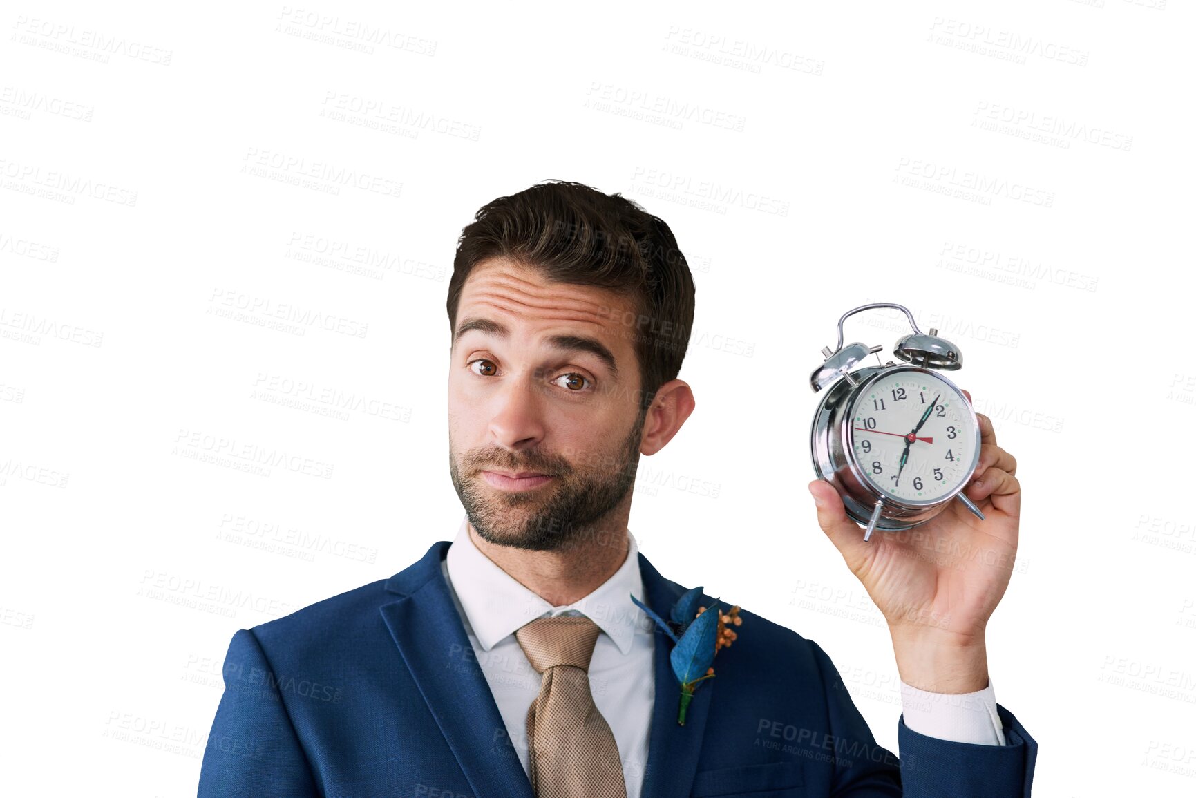 Buy stock photo Portrait, groom and clock with happiness, excited and celebration isolated on a transparent background. Face, person and man in a suit, ready for wedding and ceremony with schedule, png and time