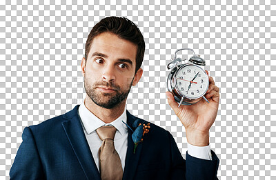 Buy stock photo Thinking, groom and wedding with clock, countdown and stress isolated on a transparent background. Person, man or model with time, ceremony and anxious with deadline, celebration or png with thoughts