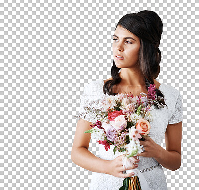 Buy stock photo Bride, woman with bouquet and marriage, thinking about future with love and commitment isolated on png transparent background. Flowers, white dress and wedding with ceremony, event and life choice