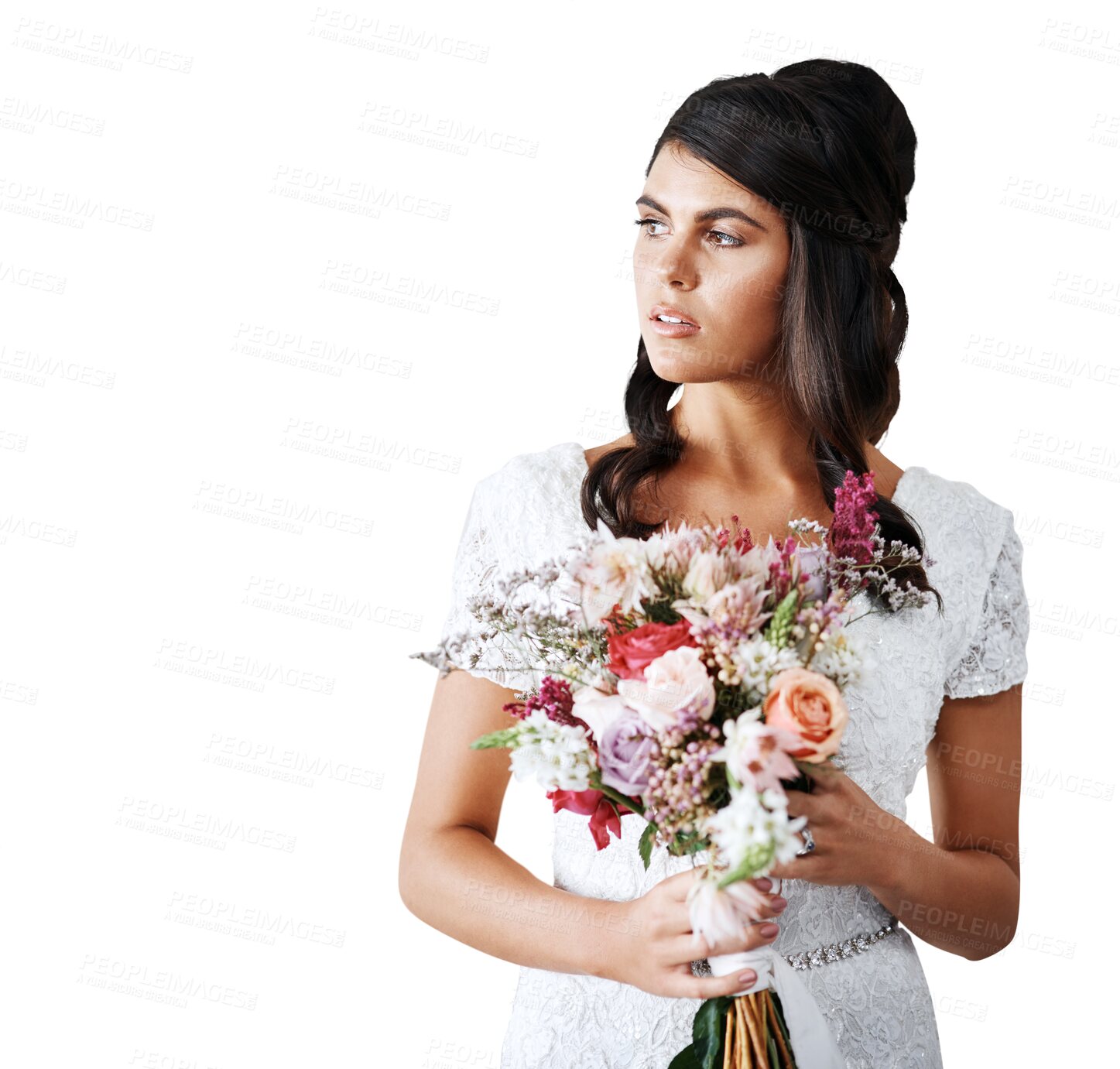 Buy stock photo Bride, woman with bouquet and marriage, thinking about future with love and commitment isolated on png transparent background. Flowers, white dress and wedding with ceremony, event and life choice