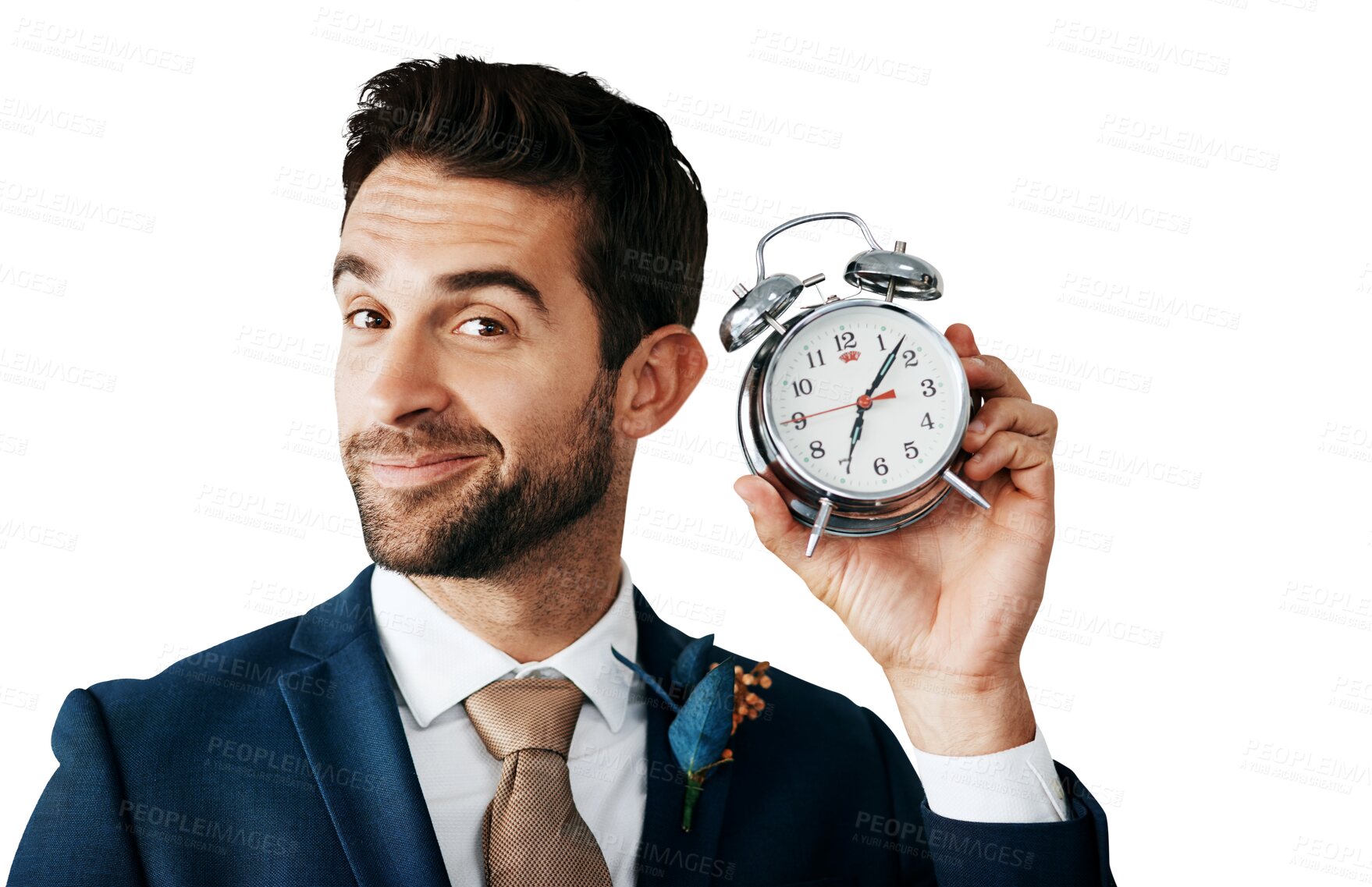 Buy stock photo Portrait, smile and clock for alarm with a groom isolated on a transparent background for his wedding. Face, fashion and time with a happy young man ready on PNG for his marriage ceremony or event