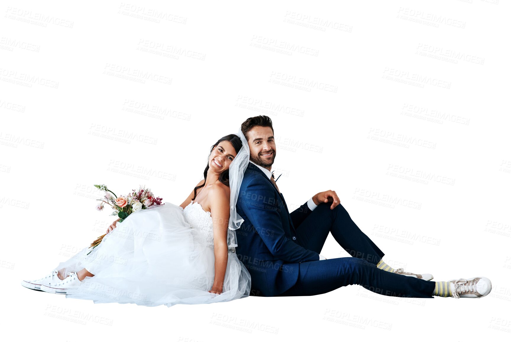 Buy stock photo Isolated couple, portrait and wedding flower bouquet for sitting, smile or pride by transparent png background. Man, woman and happy marriage celebration with new beginning, party or event for love