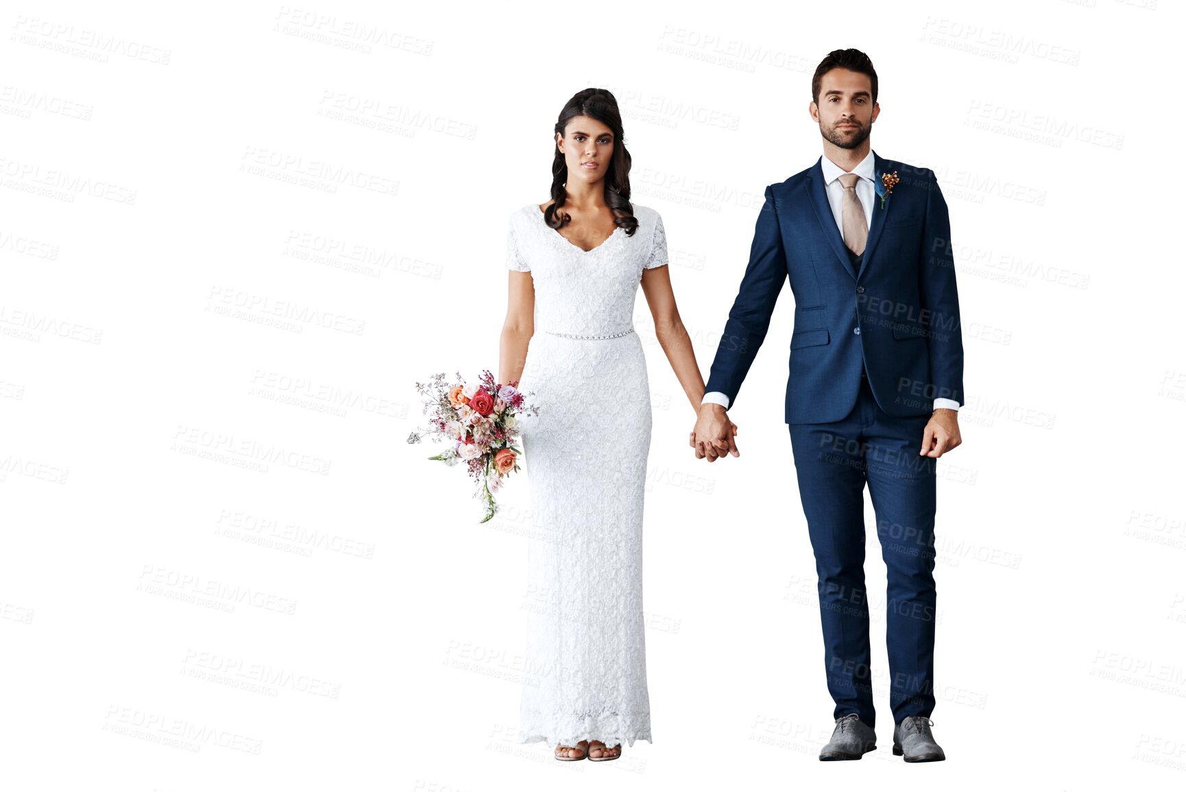 Buy stock photo Isolated couple, wedding portrait and holding hands for bride, care or goal by transparent png background. Man, woman and together for marriage celebration, flowers or new beginning at event for love