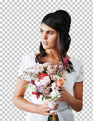 Buy stock photo Bride, woman with bouquet and wedding, thinking about future with love and commitment isolated on png transparent background. Flowers, white dress and marriage with ceremony, event and life choice