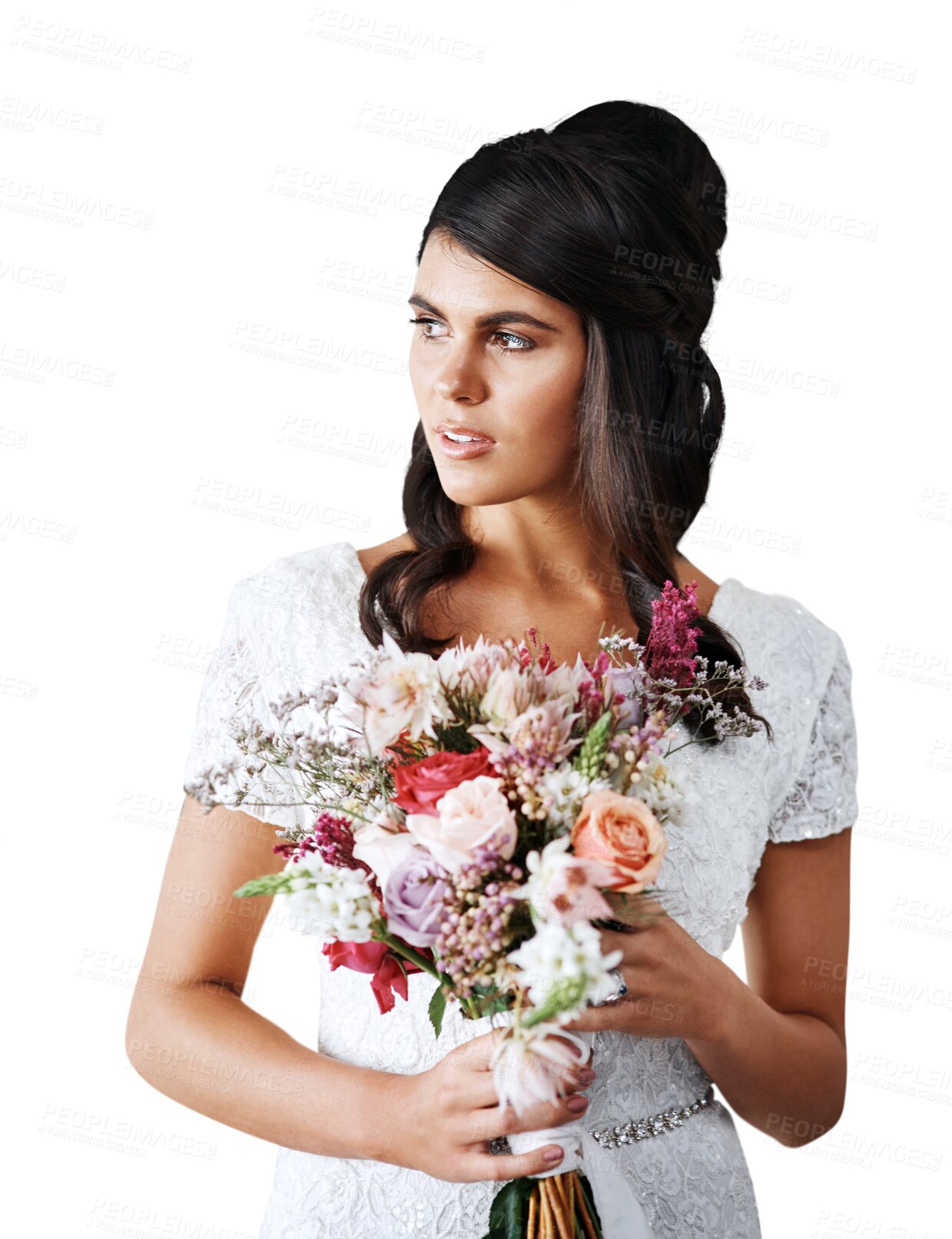 Buy stock photo Bride, woman with bouquet and wedding, thinking about future with love and commitment isolated on png transparent background. Flowers, white dress and marriage with ceremony, event and life choice