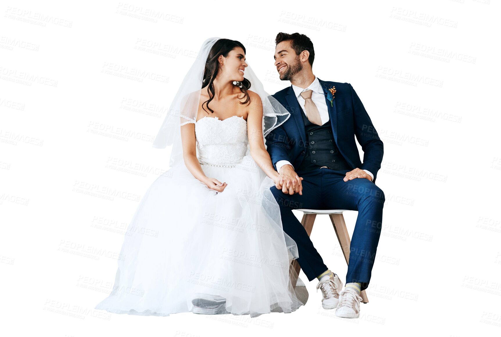 Buy stock photo Isolated couple, wedding and sitting with holding hands for smile, pride and happy by transparent png background. Man, woman and marriage celebration with support, new beginning and event for love