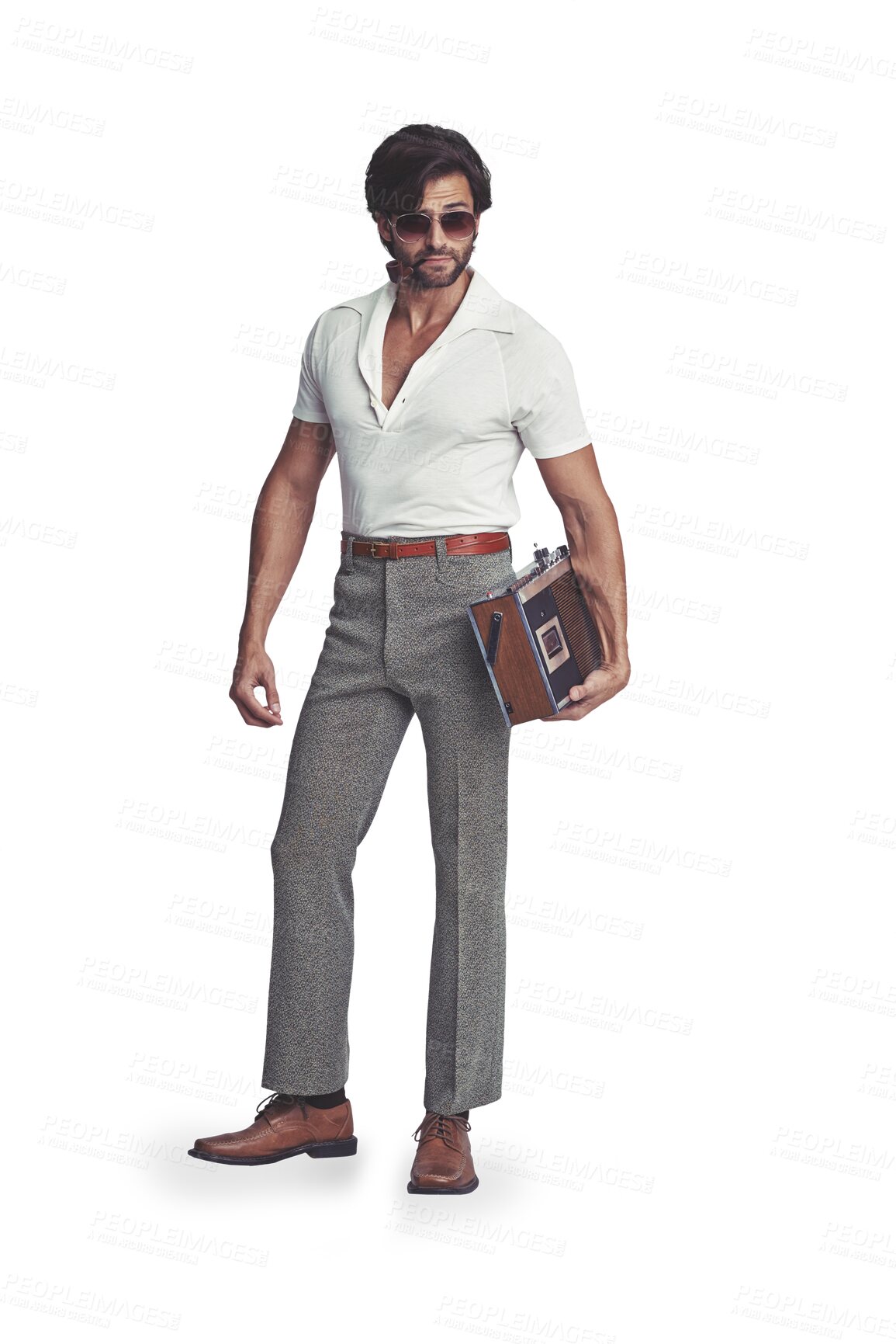 Buy stock photo Isolated man, portrait and retro radio with 70s fashion, sunglasses or confident by transparent png background. Hippy guy, vintage aesthetic and clothes with cassette player for music, sound or audio