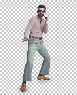 Buy stock photo Retro, fashion and man in portrait dancing in disco with 70s, pipe and smoking on isolated, transparent or png background. Vintage, clothes and person with sunglasses and hippie, style or freedom