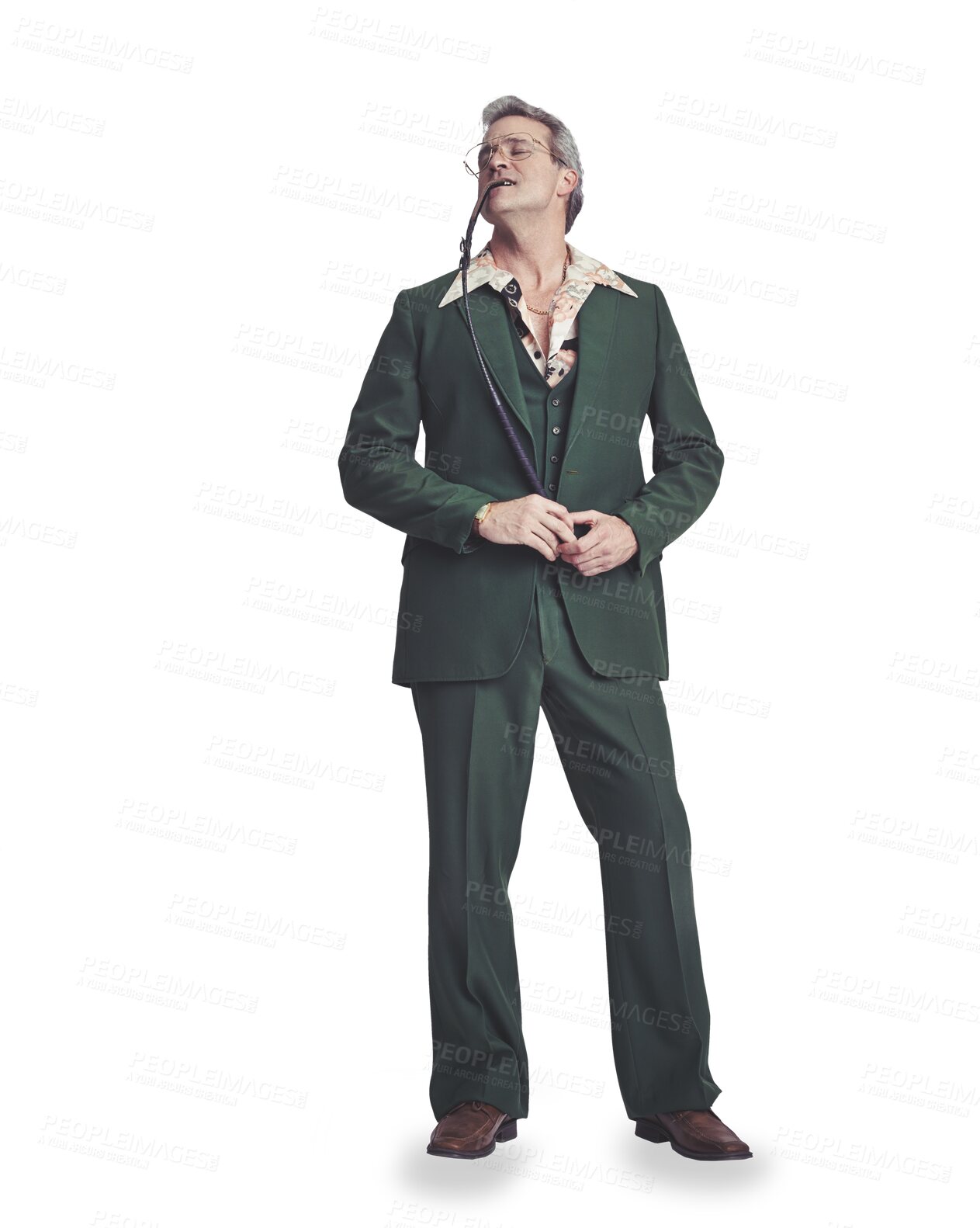 Buy stock photo Business man, retro fashion and suit with riding crop and confidence isolated on a transparent PNG background. Boss, executive or senior model in full body with vintage or 70s style and leather whip